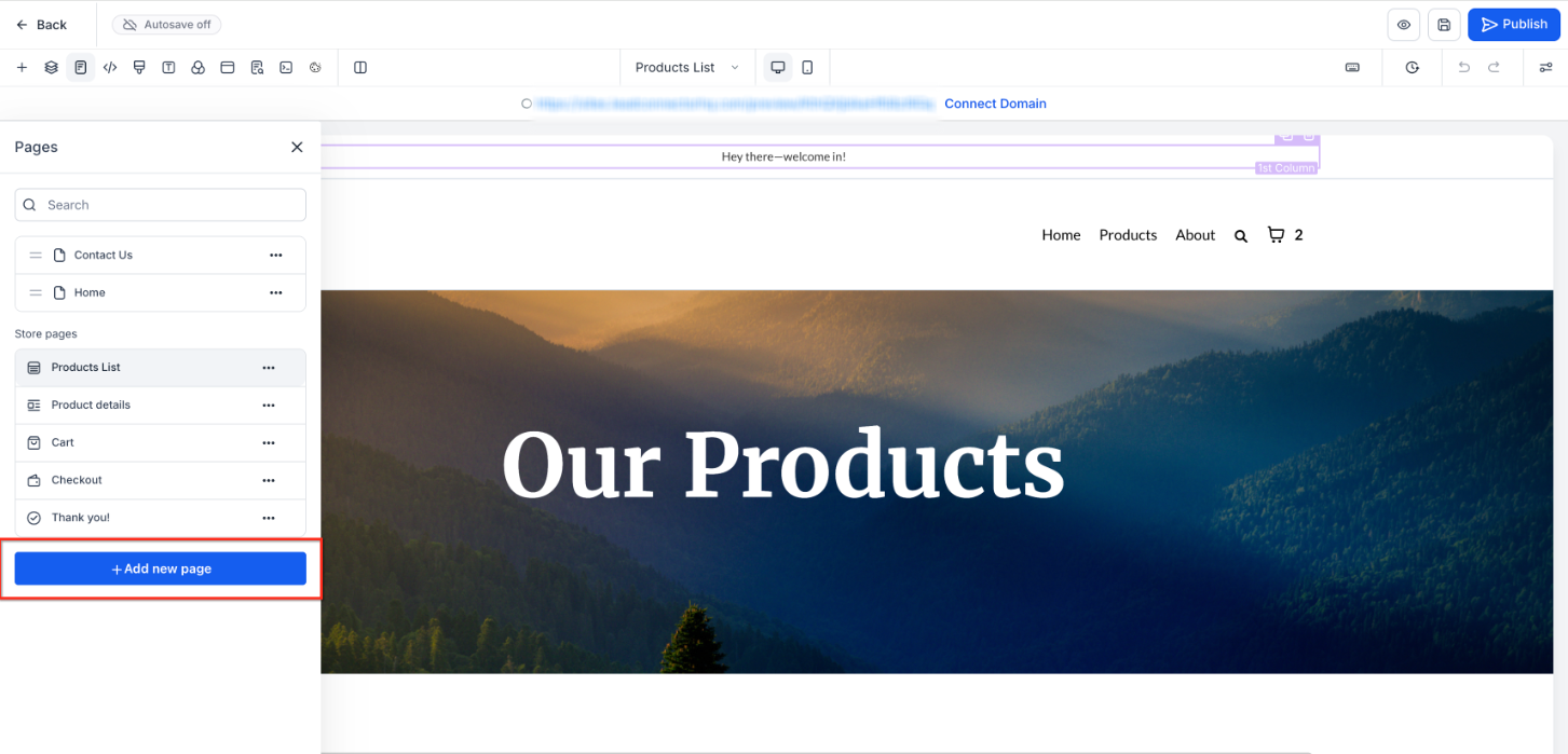 Create Pages in the Page Builder – Add Pages from Pages Drawer