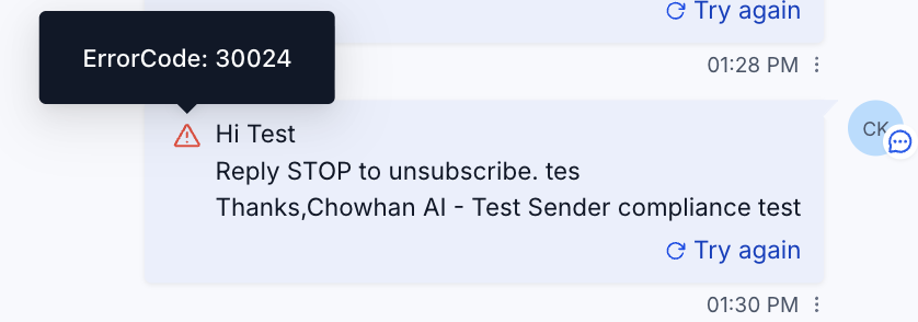 Error 30024: Numeric sender ID not provisioned on carrier – Description