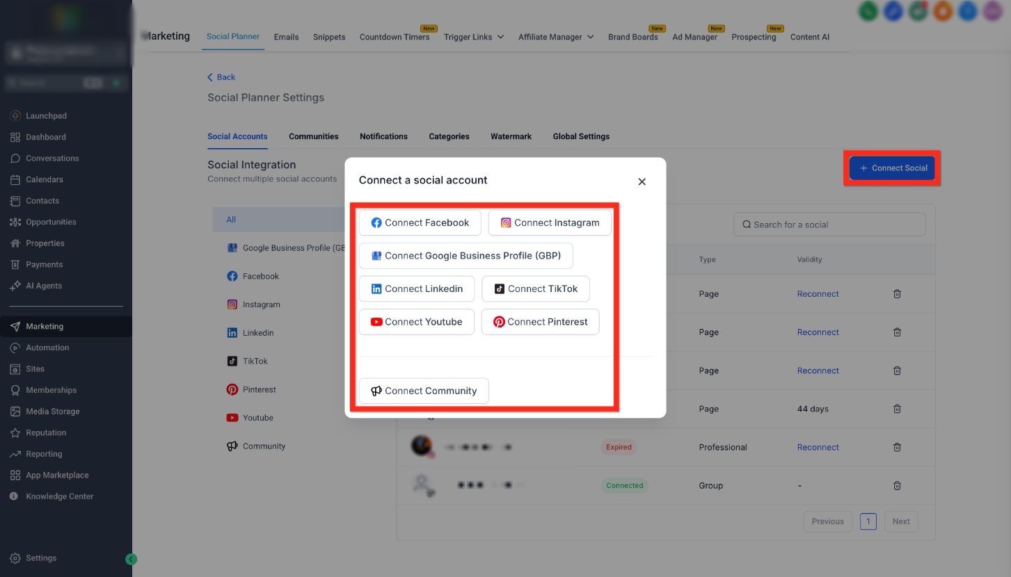 Getting Started – Setup Social Planner – Connect a social account window showing the available social integrations.