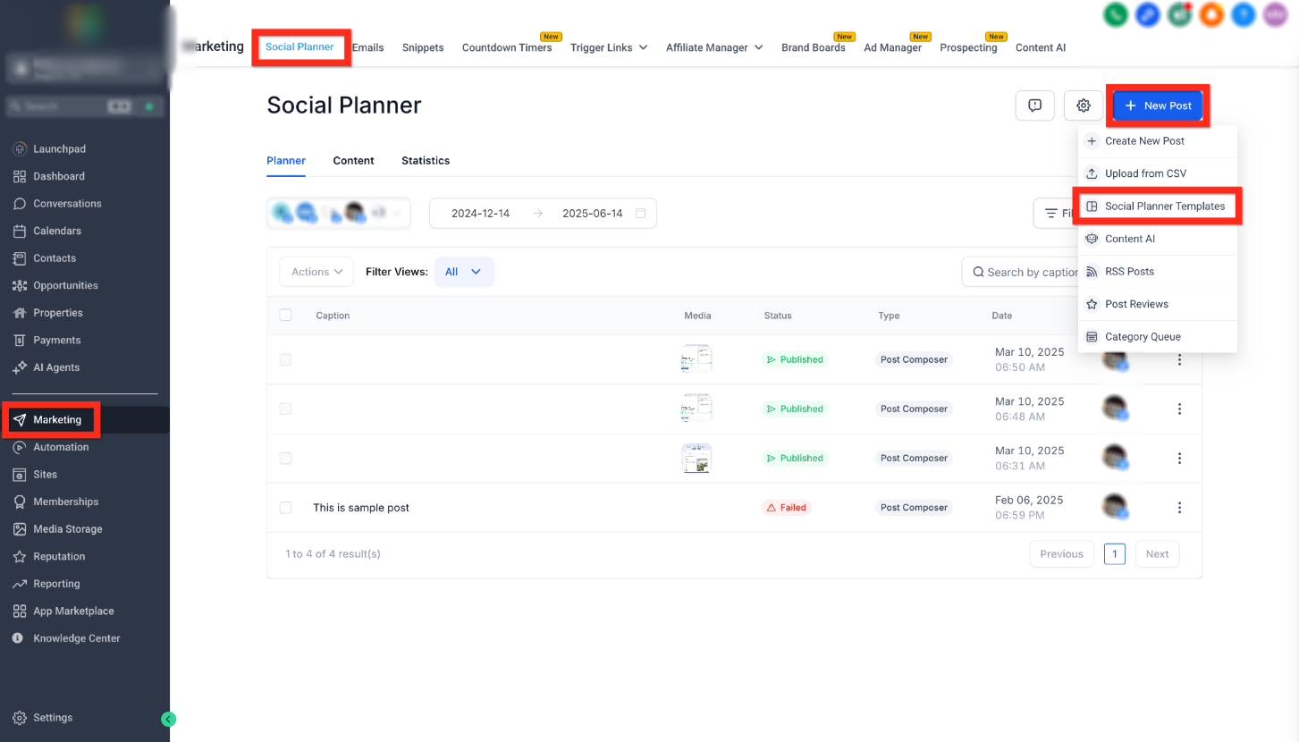 Getting Started – Setup Social Planner – New Post menu with Social Planner Templates highlighted.