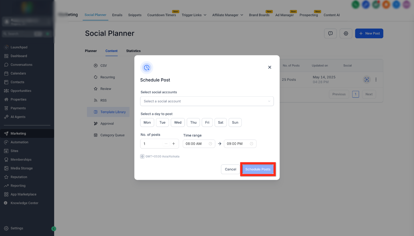 Getting Started – Setup Social Planner – Schedule Post window showing social account, posting days, post count, time range, and Schedule Posts button.