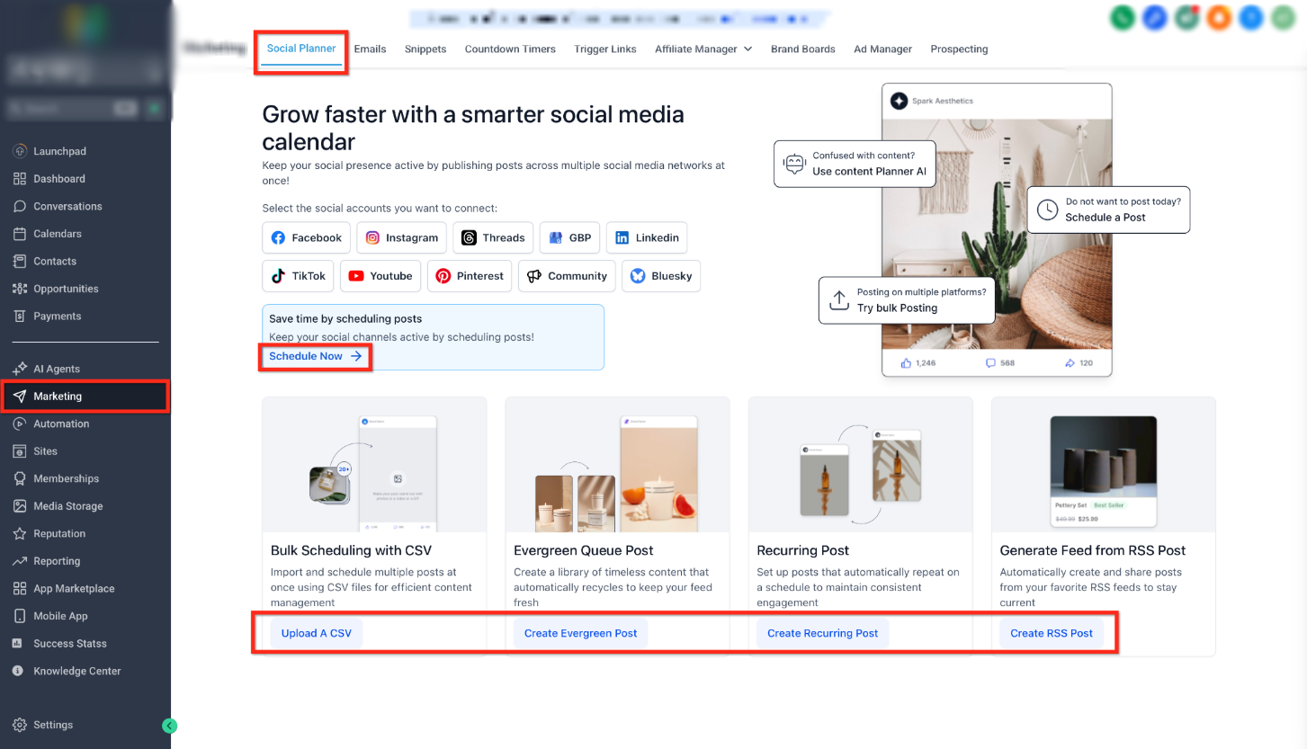 Getting Started – Setup Social Planner – Social Planner welcome screen showing social platforms and content-planning options.