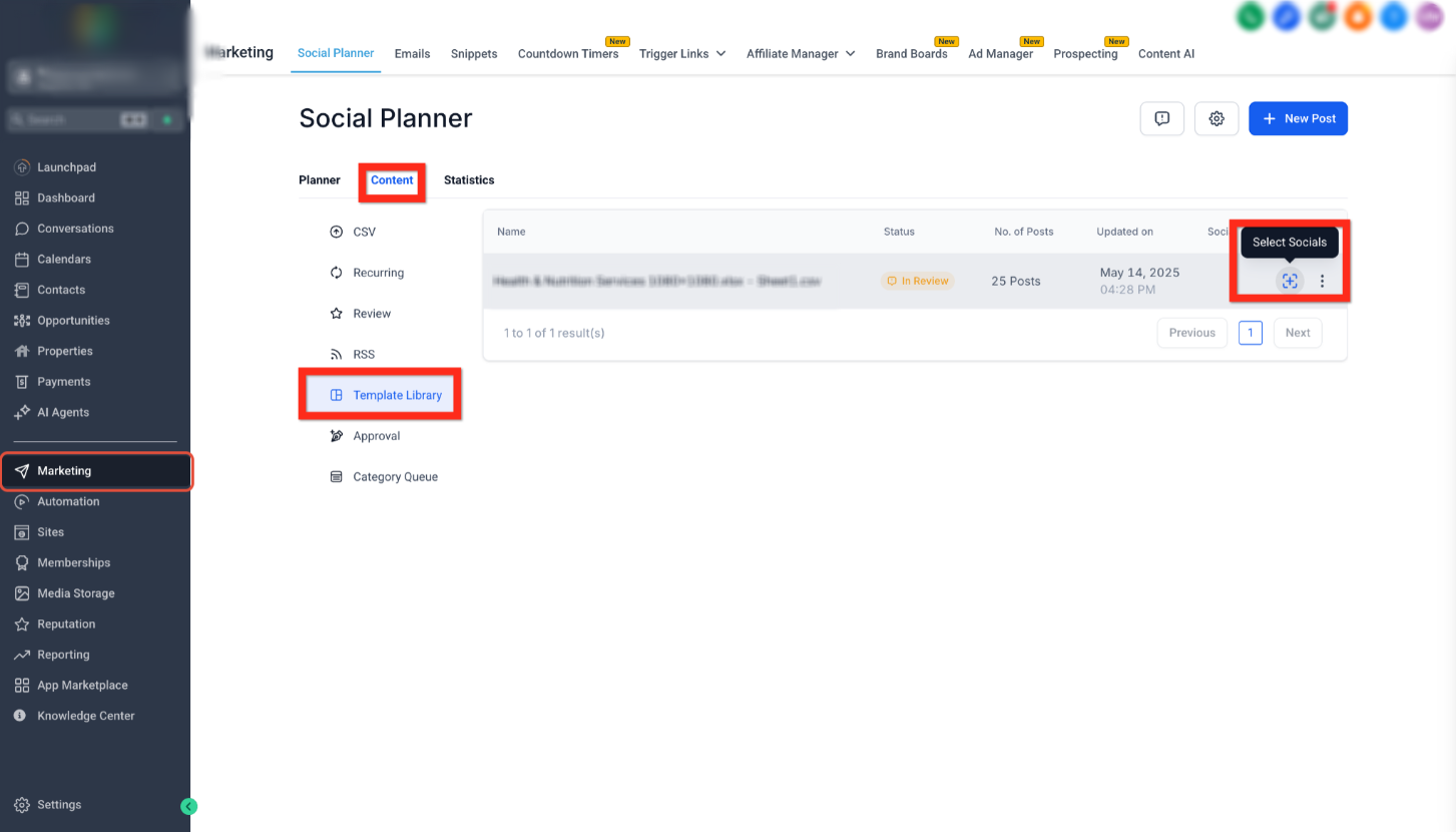 Getting Started – Setup Social Planner – Template Library showing the Select Socials icon.