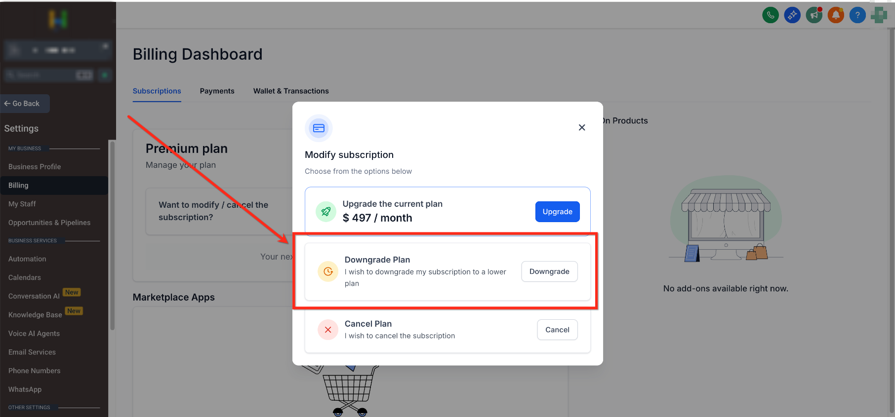 How to Configure Downgrade Settings for SaaS Clients – Client Billing page showing the option to modify or downgrade a SaaS subscription