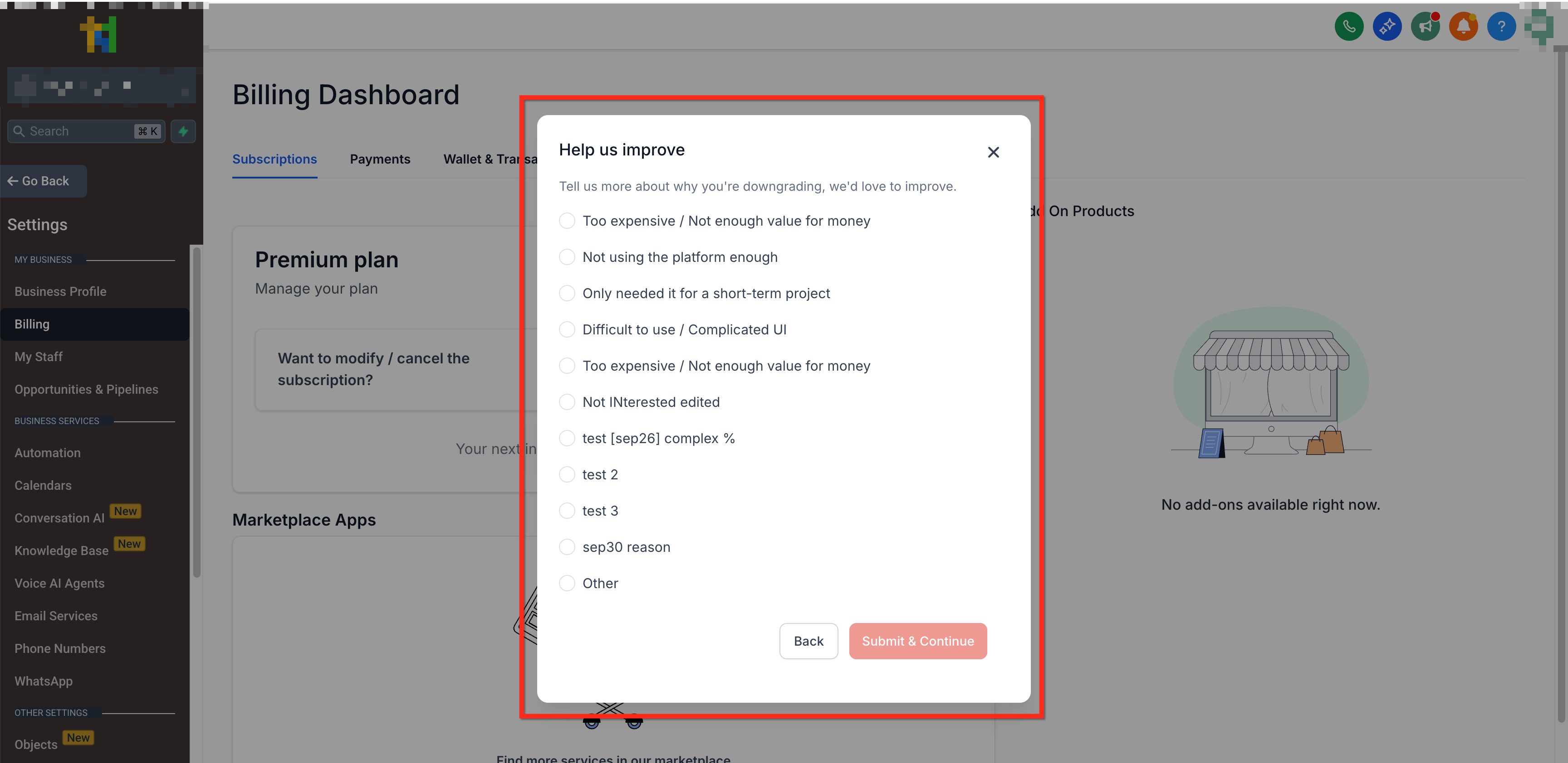 How to Configure Downgrade Settings for SaaS Clients – Client downgrade flow showing the downgrade reason selection