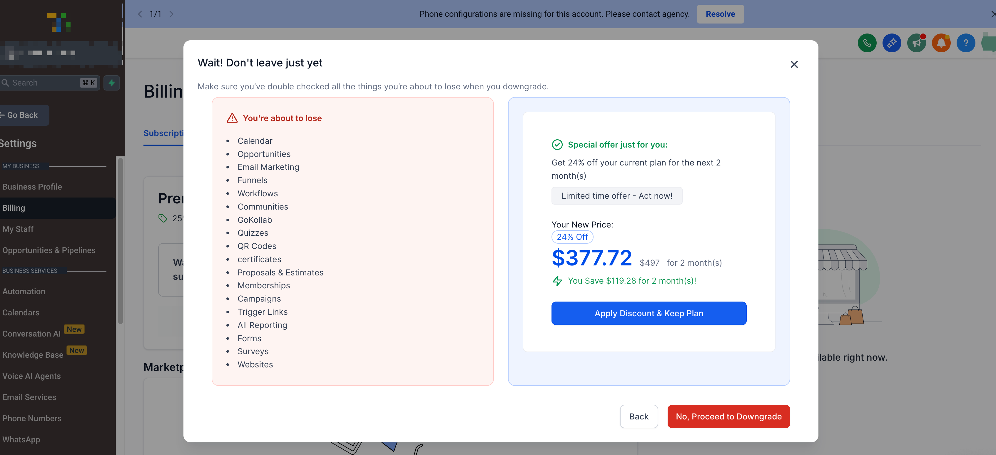 How to Configure Downgrade Settings for SaaS Clients – Client downgrade flow showing the optional retention discount offer