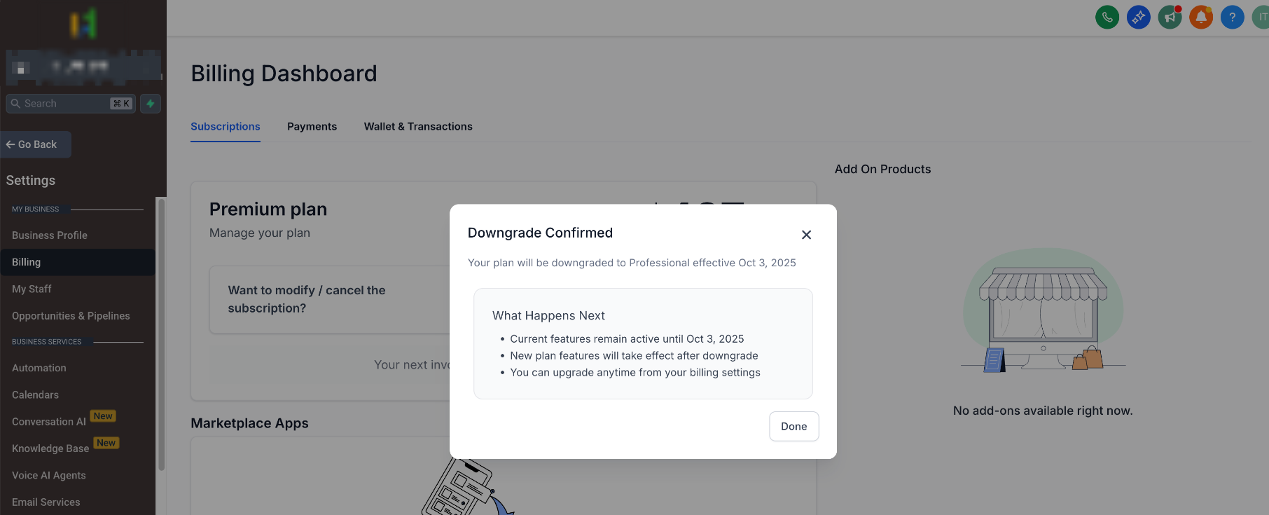 How to Configure Downgrade Settings for SaaS Clients – Confirmation showing the scheduled SaaS downgrade and effective billing date