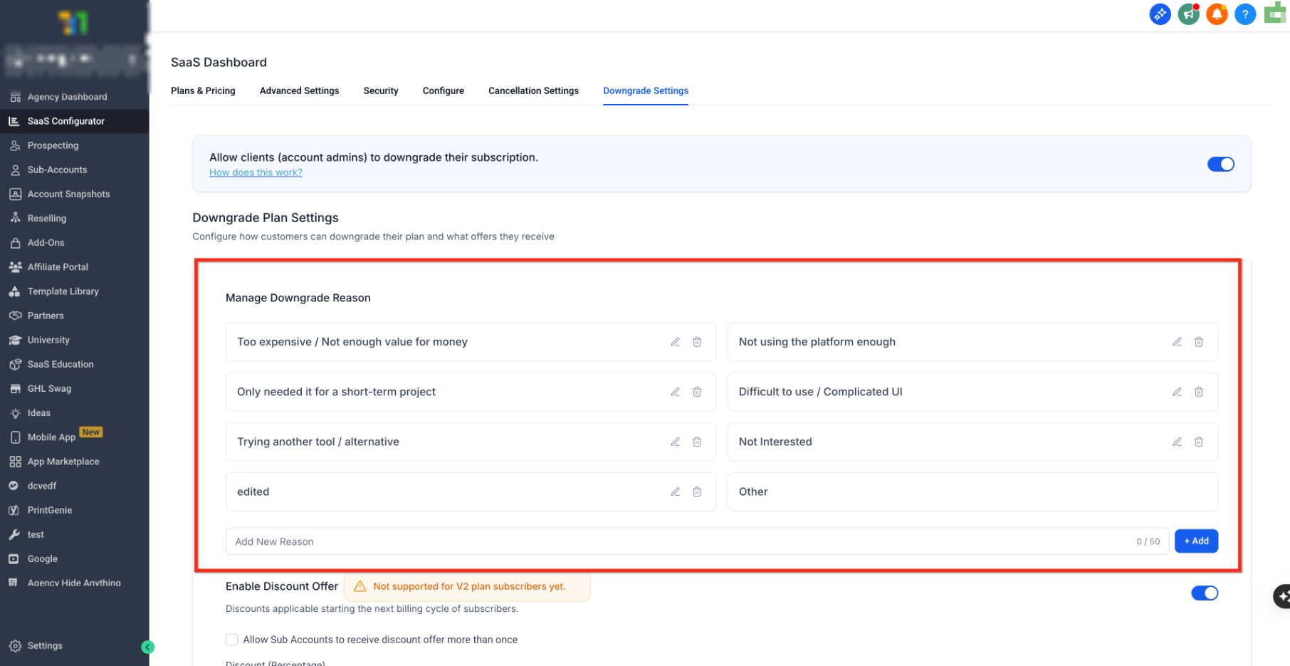 How to Configure Downgrade Settings for SaaS Clients – Downgrade Settings showing configurable downgrade reasons