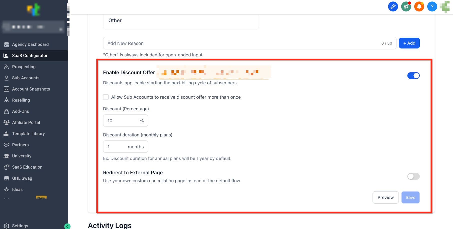 How to Configure Downgrade Settings for SaaS Clients – Downgrade Settings showing the optional retention discount configuration
