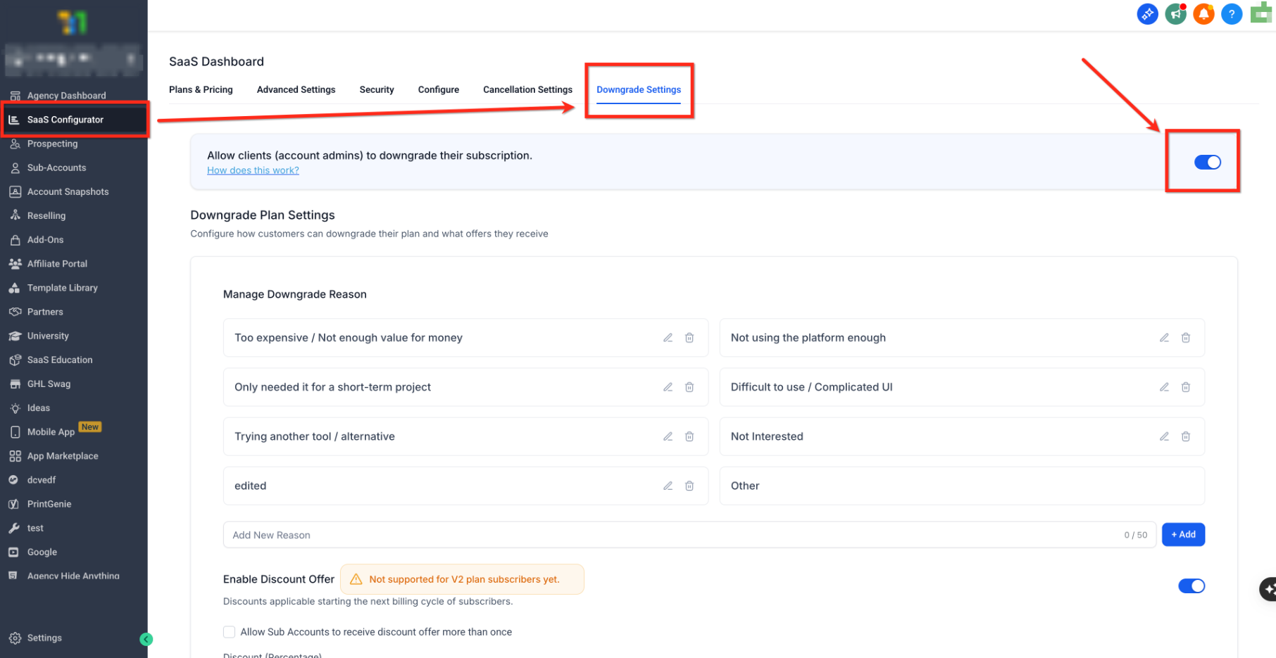 How to Configure Downgrade Settings for SaaS Clients – Downgrade Settings showing the self-service downgrade toggle