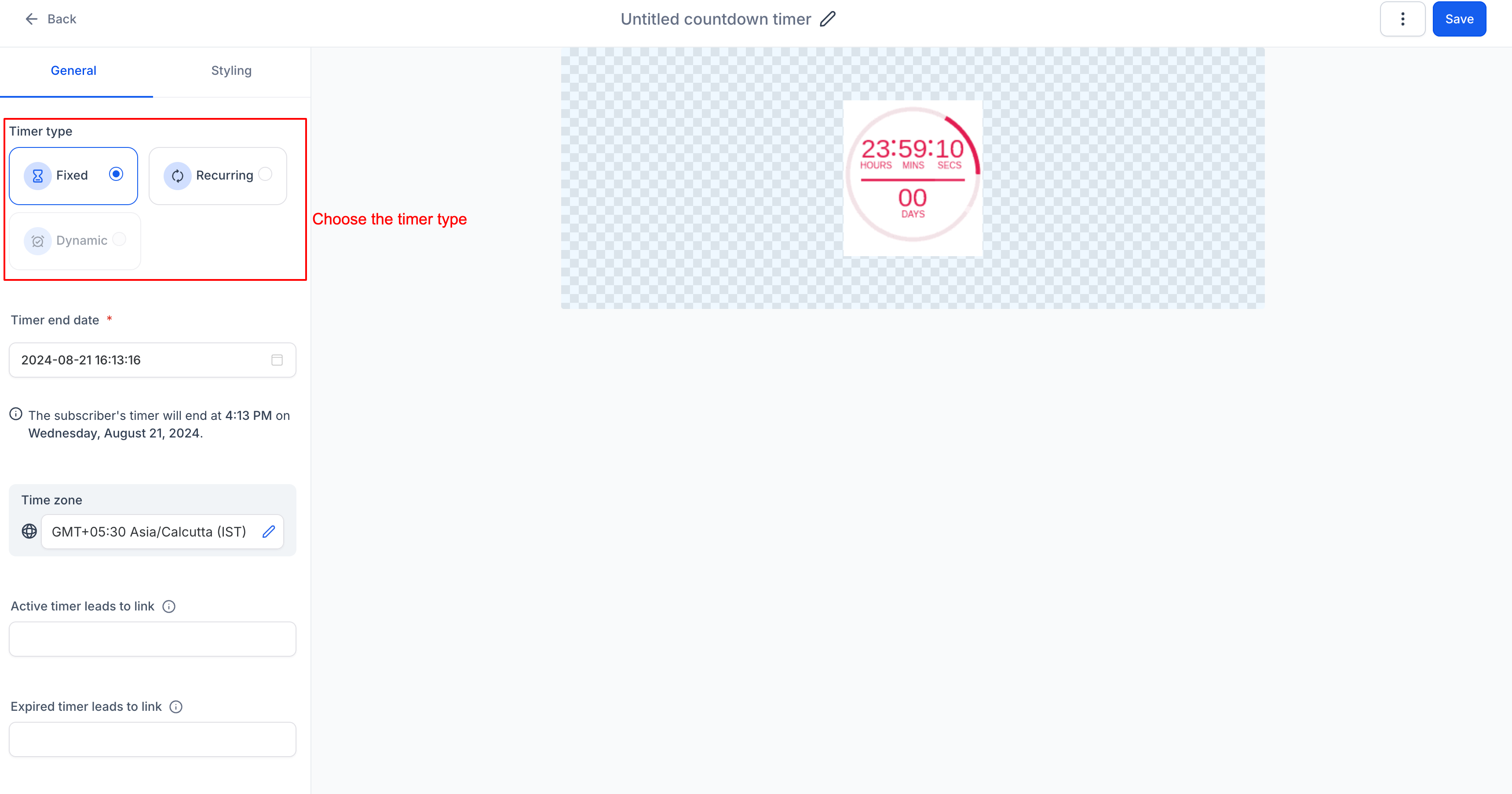 How to Create a Fixed countdown Timer – Step 4: Choose Timer Type