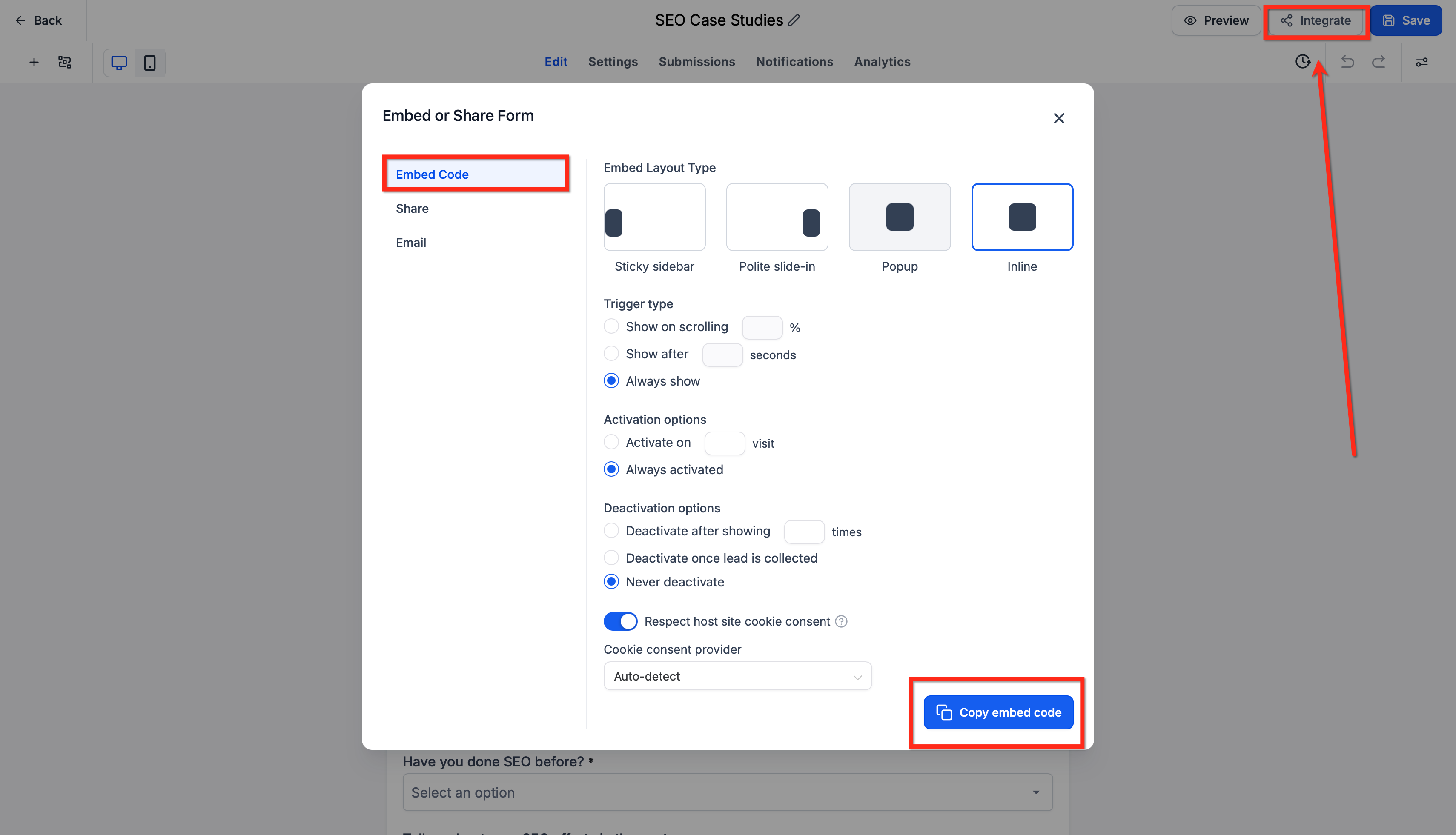 How to Create and Manage a Contact Form – Step 5: Integrate or Share the Form
