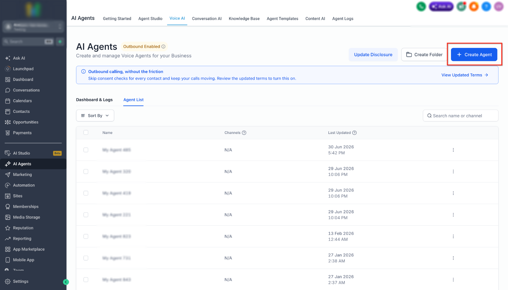 How to Create Voice AI Agents – Voice AI Agent List with the Create Agent button highlighted.