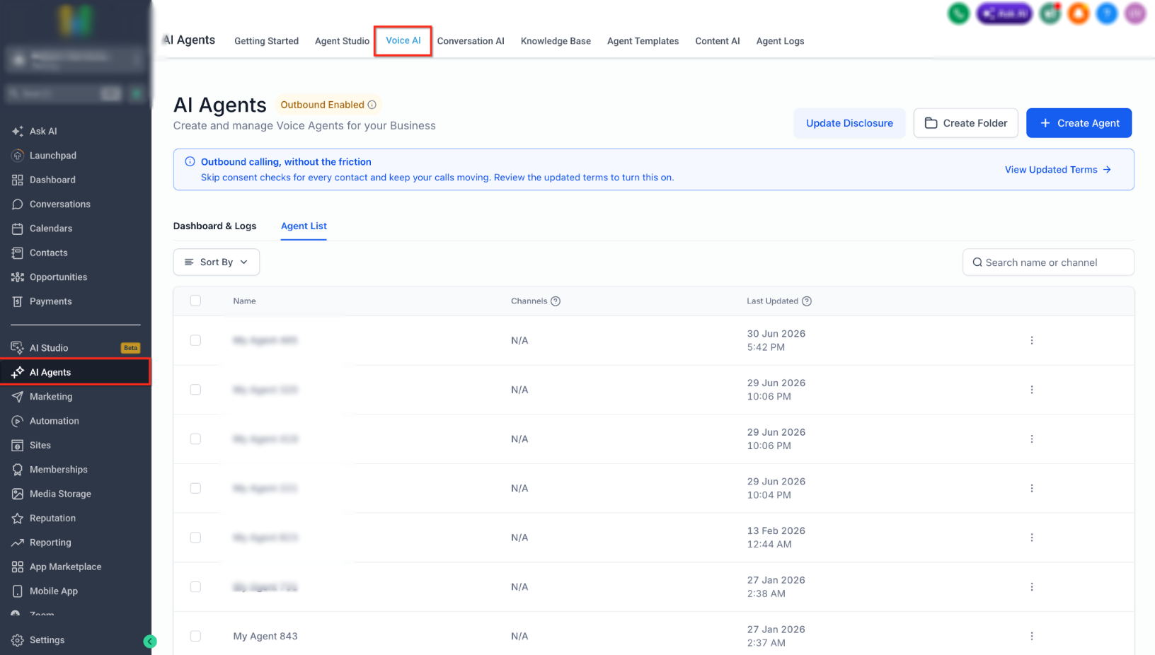 How to Create Voice AI Agents – Voice AI selected under AI Agents with the Agent List displayed.