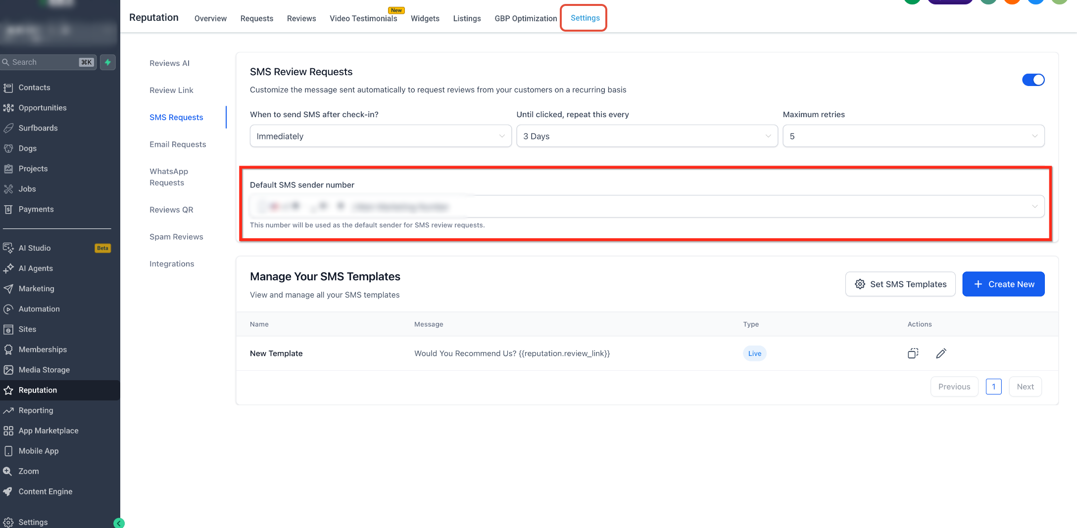 How to Customize the Review Request Messages (SMS/Email) – Select the Default Sender Number