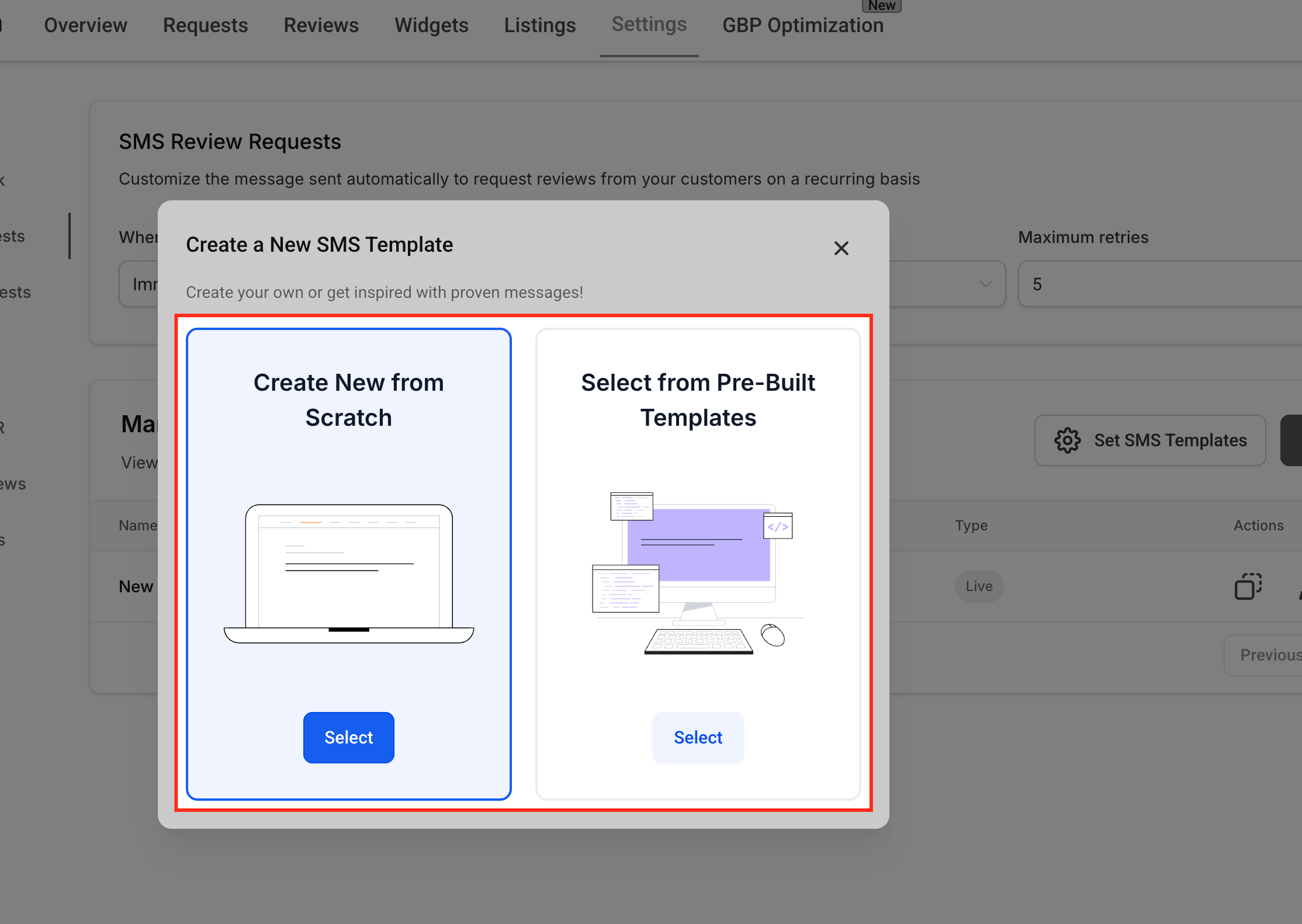 How to Customize the Review Request Messages (SMS/Email) – Step 4: Choose Template Type