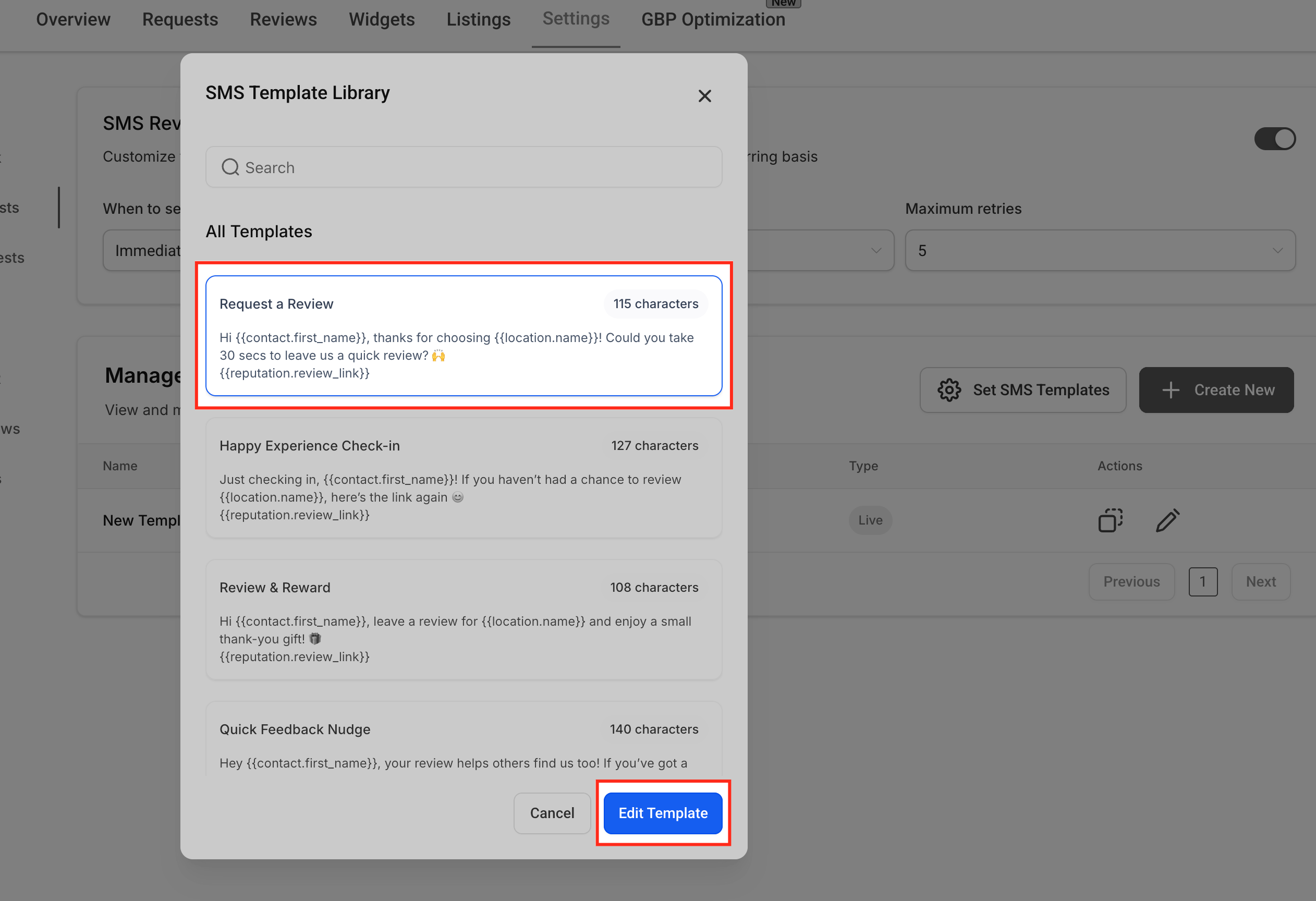 How to Customize the Review Request Messages (SMS/Email) – Step 5: Choose Prebuilt