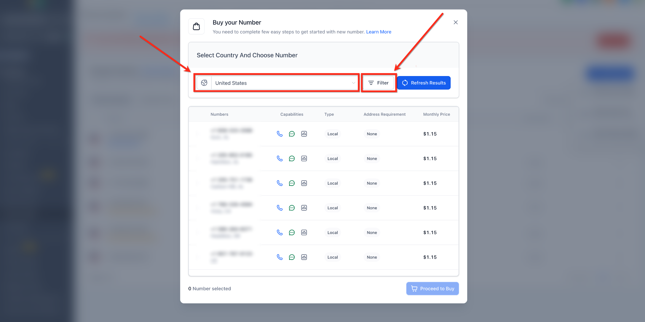 How to Purchase a Phone Number – Step 3: Select the Country and Search Filters