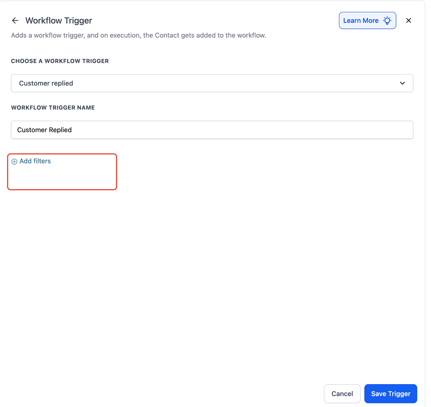 How to Send Inbound SMS Notifications via a Workflow – Add Filters option in Customer Replied trigger settings