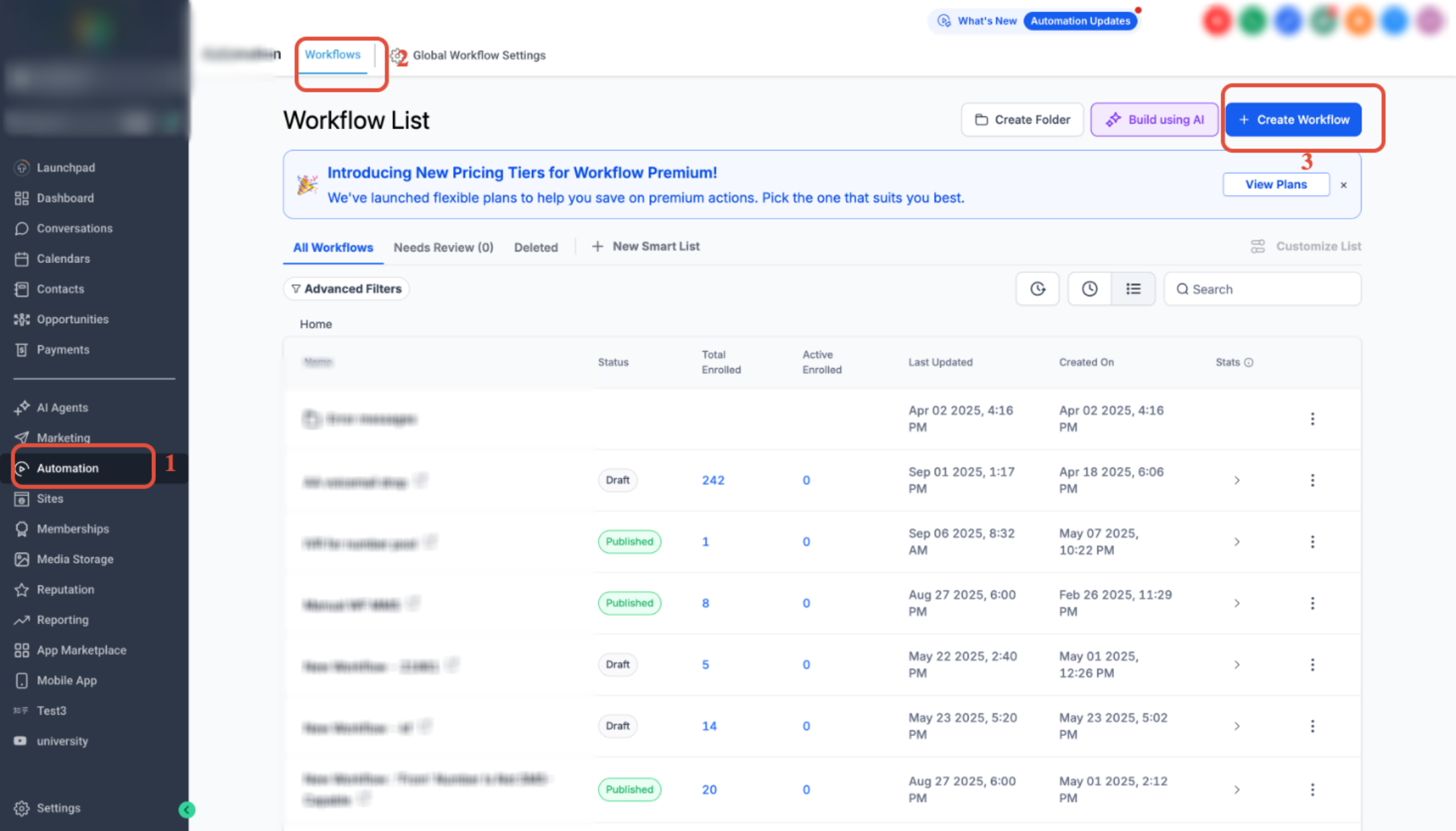 How to Send Inbound SMS Notifications via a Workflow – Automation menu showing Workflows and Create Workflow