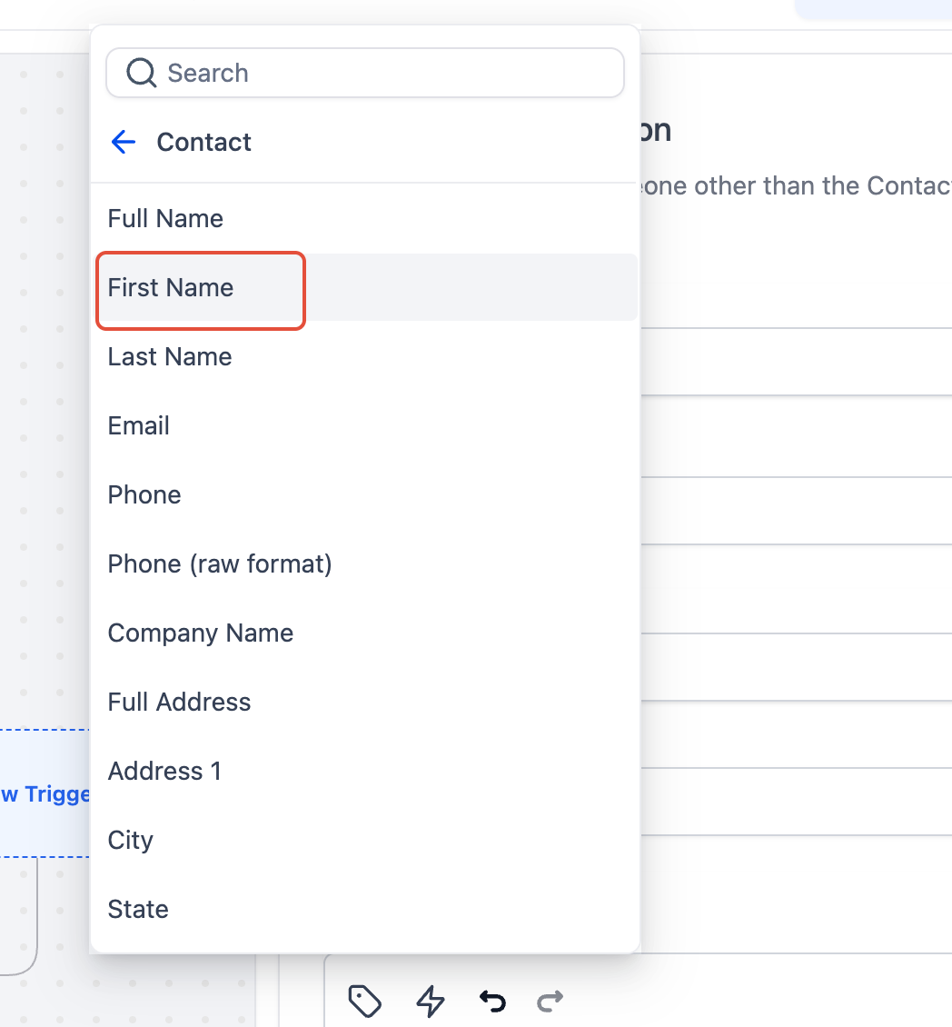 How to Send Inbound SMS Notifications via a Workflow – Custom Values picker showing Contact First Name