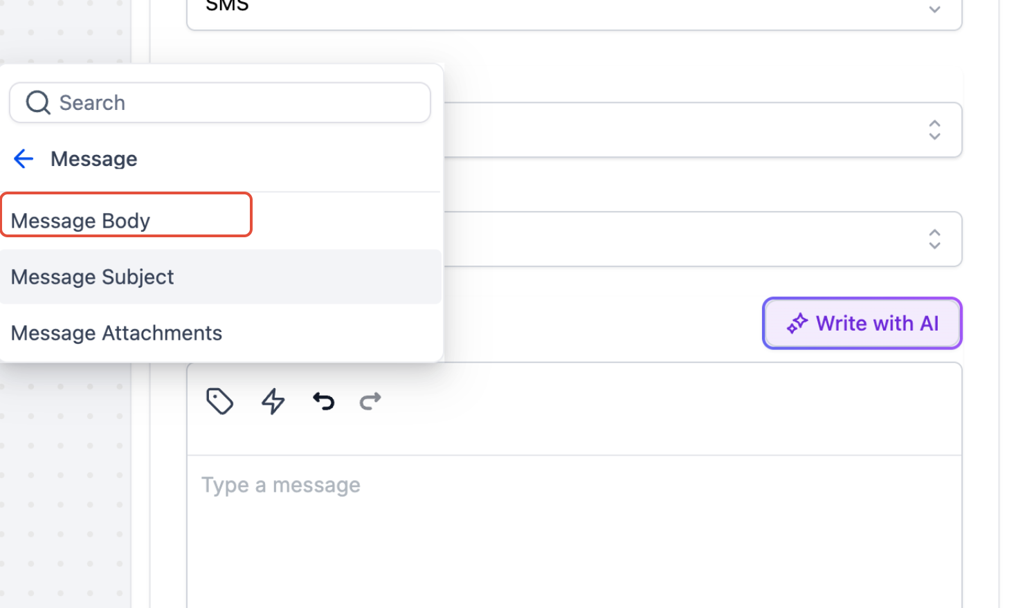 How to Send Inbound SMS Notifications via a Workflow – Custom Values picker showing Message Body