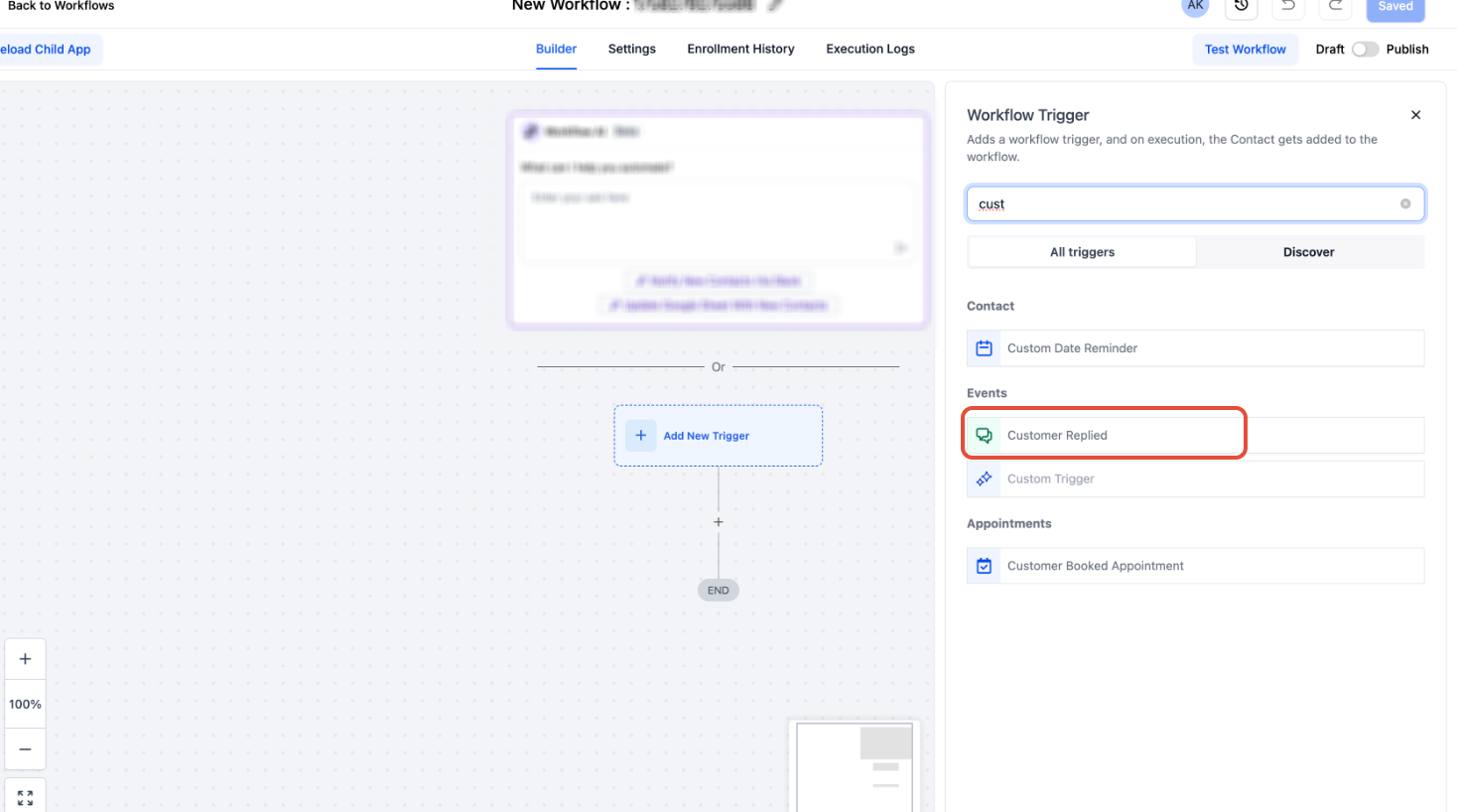 How to Send Inbound SMS Notifications via a Workflow – Customer Replied selected as the workflow trigger