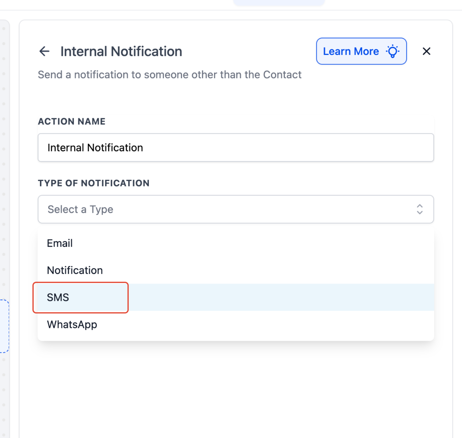 How to Send Inbound SMS Notifications via a Workflow – Internal SMS notification configuration panel