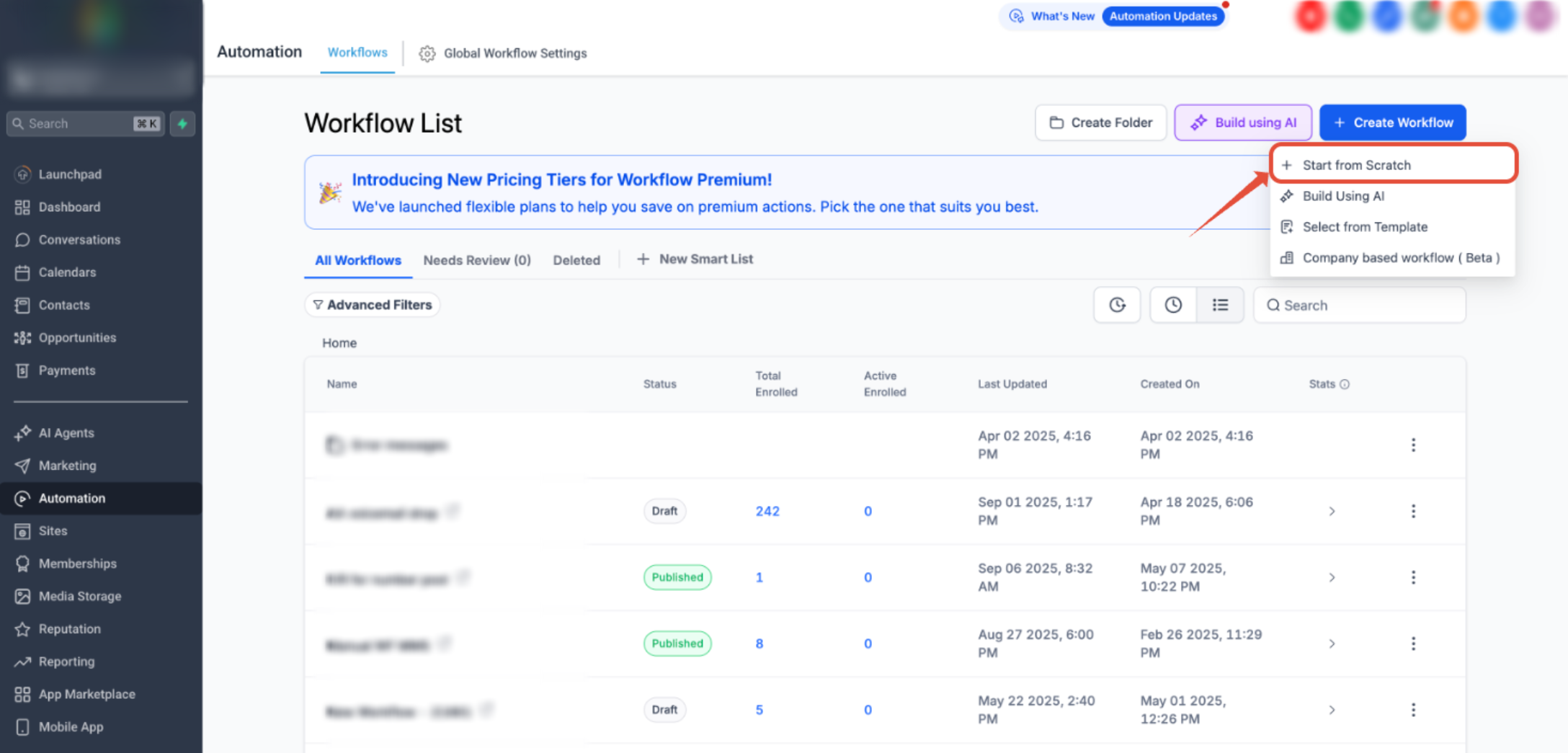 How to Send Inbound SMS Notifications via a Workflow – Start from Scratch option selected with Create New Workflow