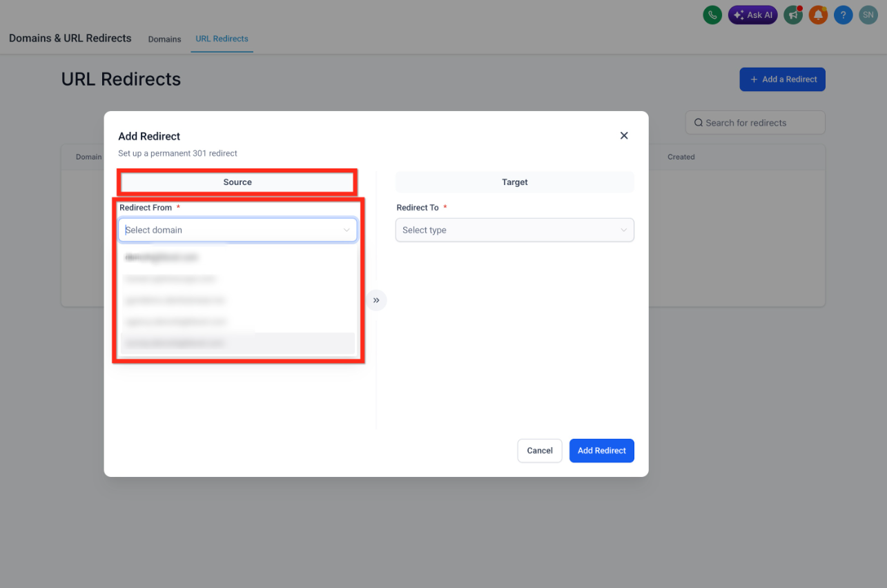 How to Setup 301 URL Redirects – Step 3: Select the Source Domain