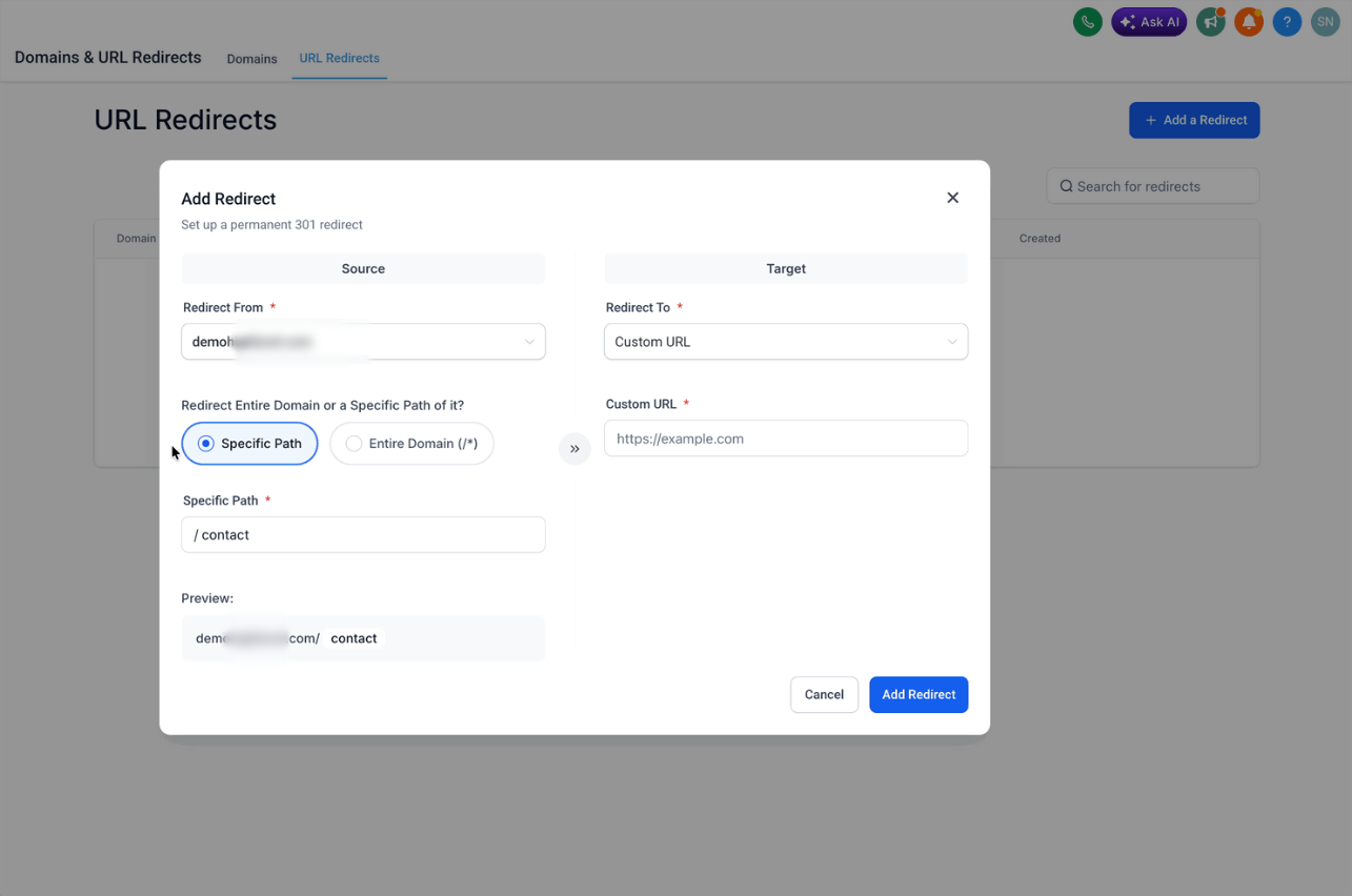 How to Setup 301 URL Redirects – Step 5: Select the Redirect Target