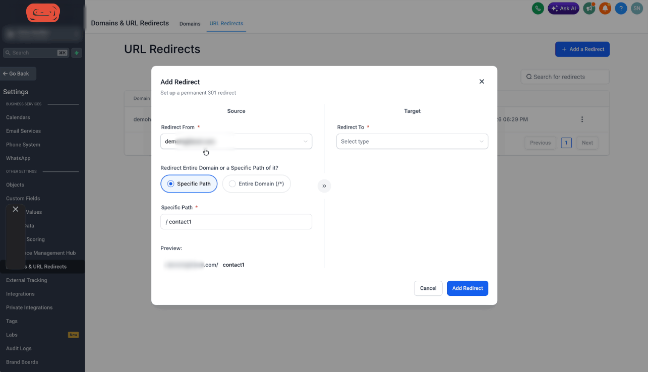 How to Setup 301 URL Redirects – Step 5: Select the Redirect Target