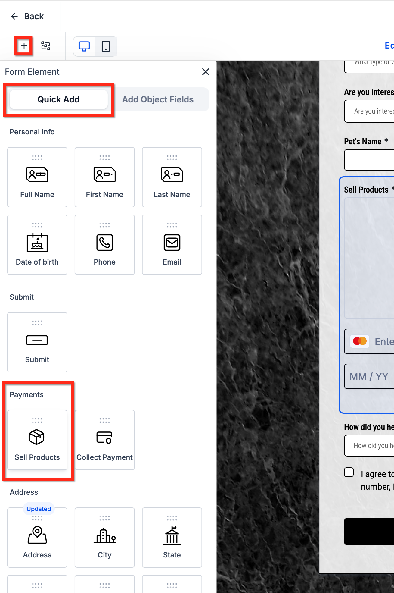 How to Skip Credit Card Collection for $0 Orders in Forms and Surveys – Step 2: Select the Sell Products Element