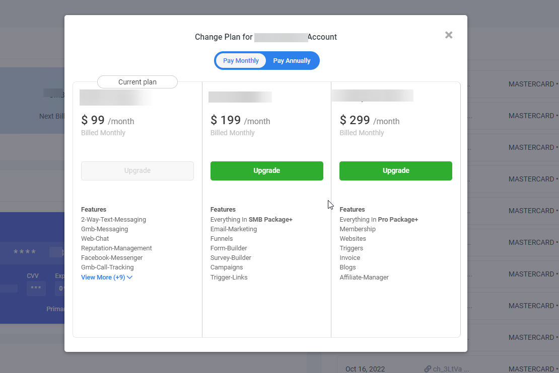 How to Upgrade or Downgrade a SaaS Plan for a Location – Available SaaS plans shown during the upgrade flow