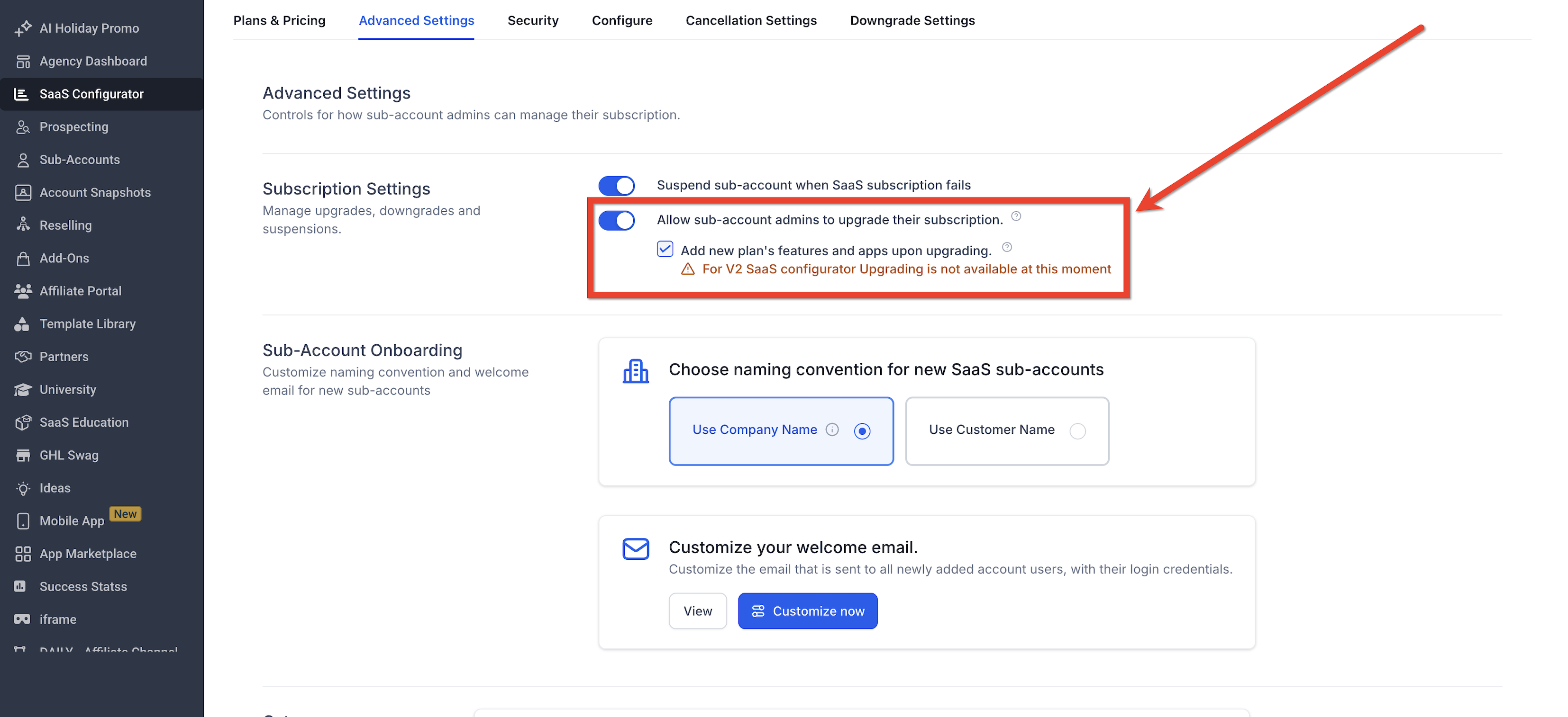 How to Upgrade or Downgrade a SaaS Plan for a Location – Client upgrade and feature-access settings