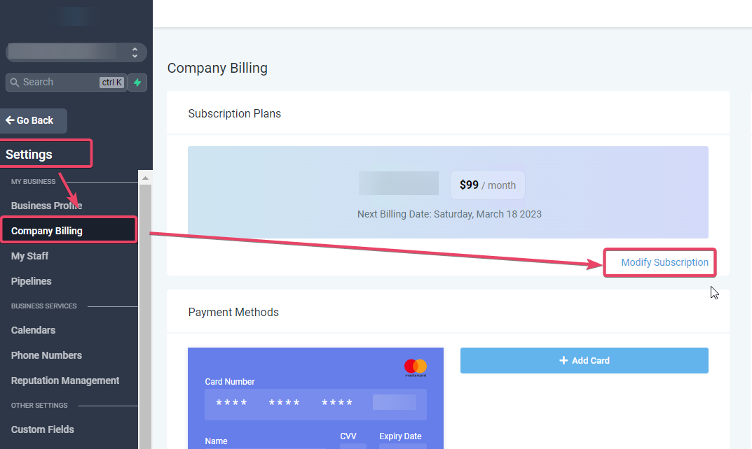 How to Upgrade or Downgrade a SaaS Plan for a Location – Company Billing page inside a client sub-account