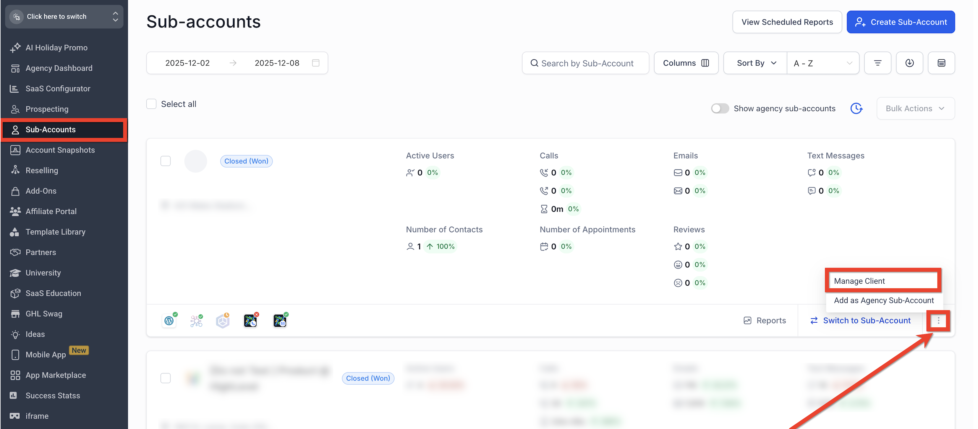 How to Upgrade or Downgrade a SaaS Plan for a Location – Manage Client option for a sub-account