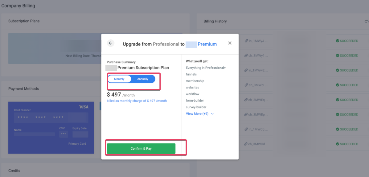 How to Upgrade or Downgrade a SaaS Plan for a Location – Plan change screen showing billing interval options