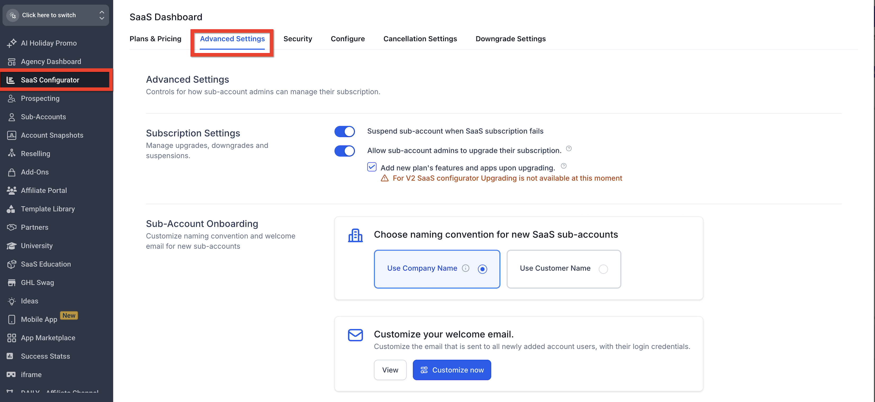 How to Upgrade or Downgrade a SaaS Plan for a Location – SaaS Configurator Advanced Settings