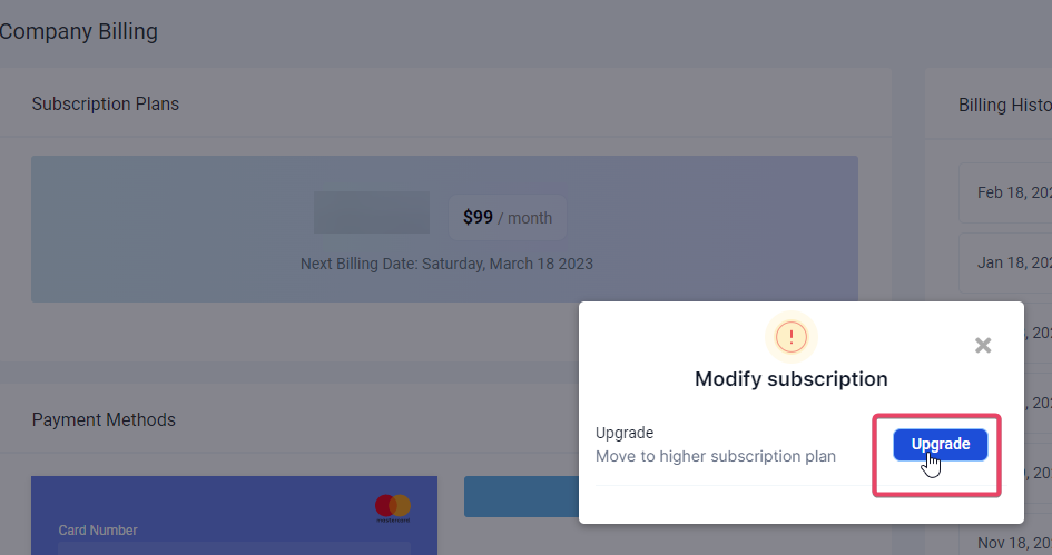 How to Upgrade or Downgrade a SaaS Plan for a Location – Upgrade action in Company Billing