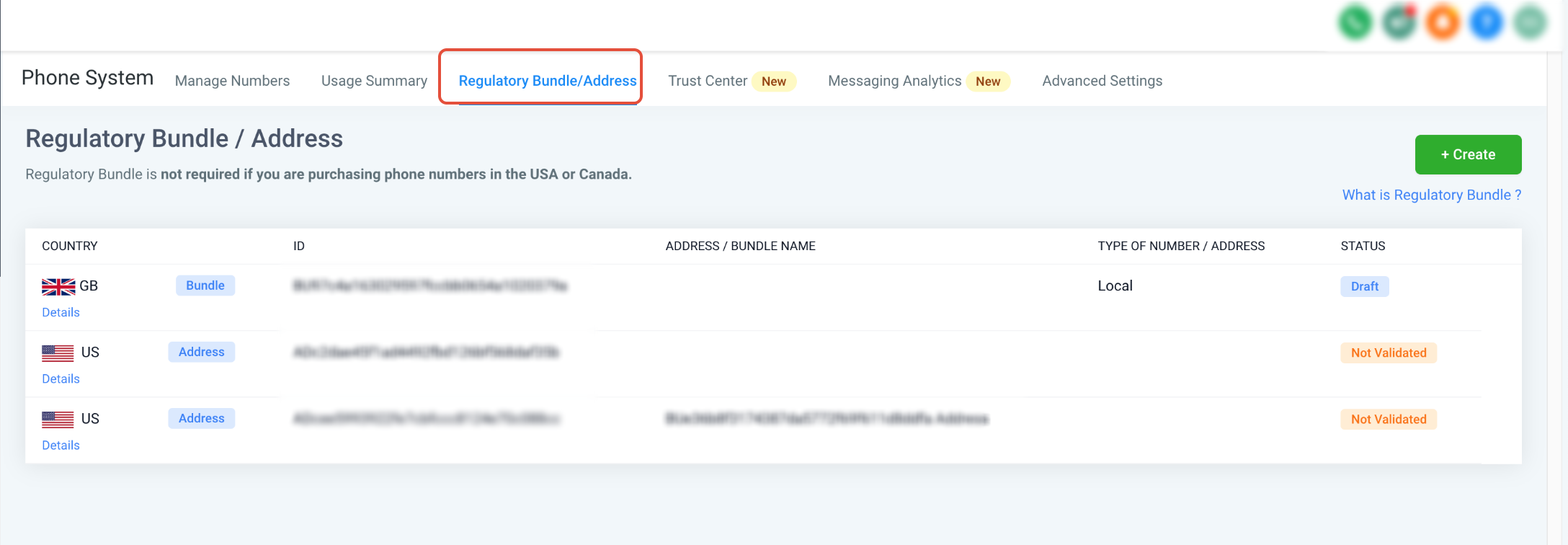 International SMS Compliance: UK & Turkey Regulations – Regulatory Bundle and Address screen showing a UK regulatory bundle