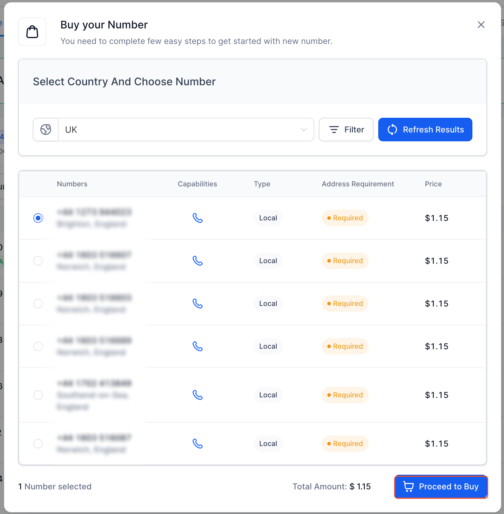 International SMS Compliance: UK & Turkey Regulations – UK phone numbers displayed in the phone number purchase screen