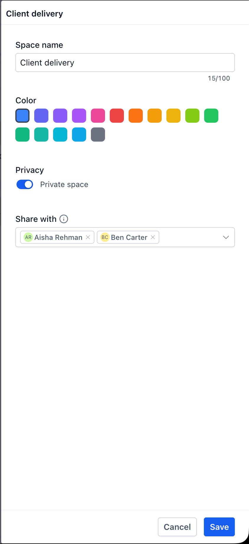 Introduction to Project Management – Control who can see the Space