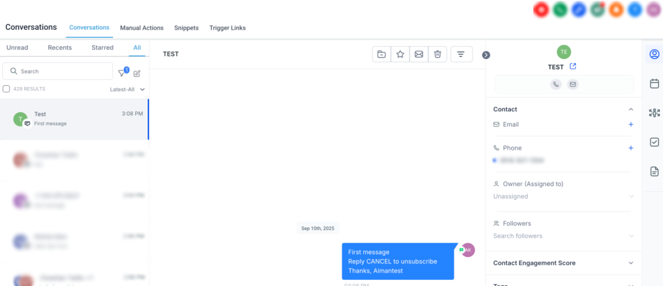 LC – Phone Messaging Policy – Conversation showing a first outbound SMS with opt-out instructions and sender identification