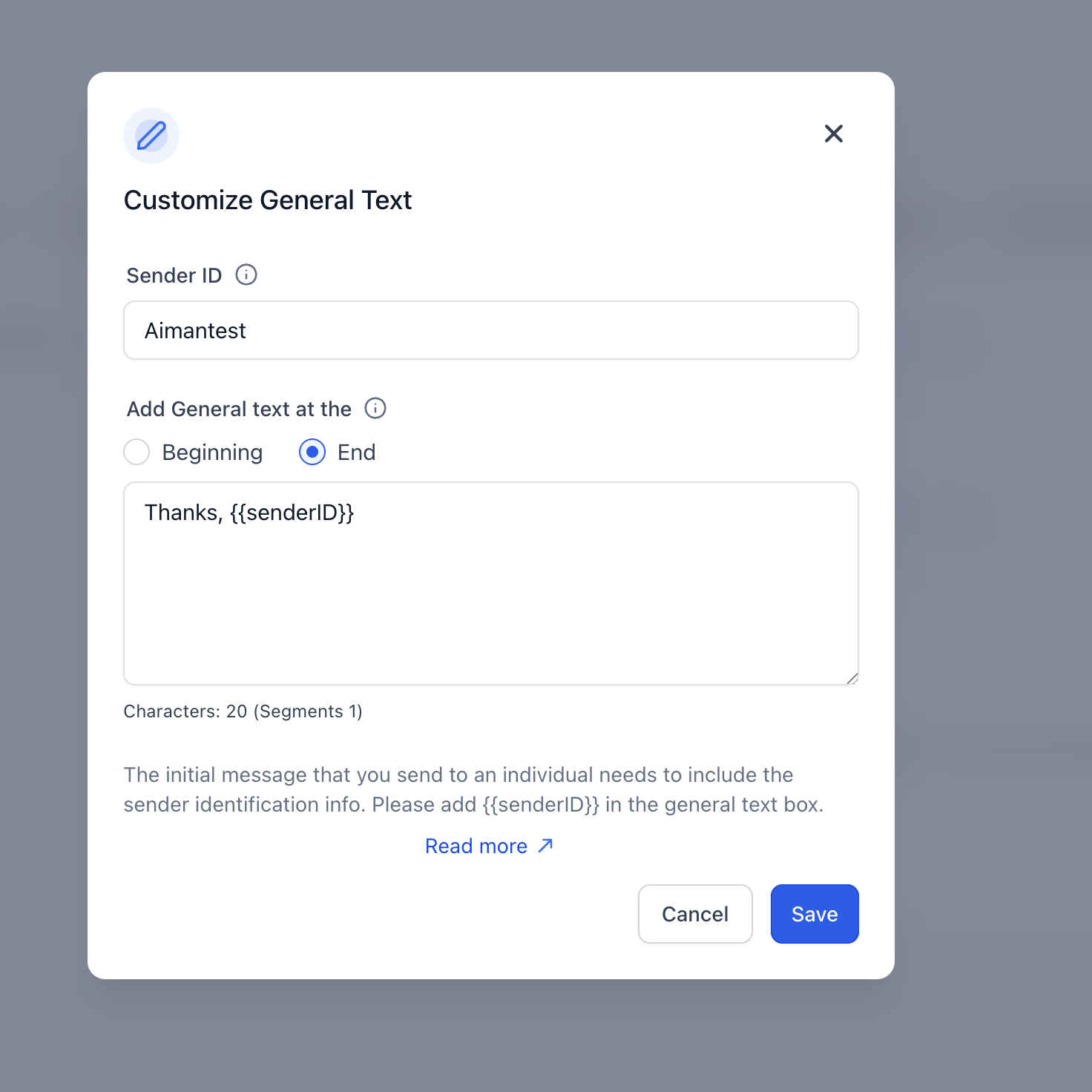 LC – Phone Messaging Policy – Customize General Text window showing the Sender ID field and sender identification text