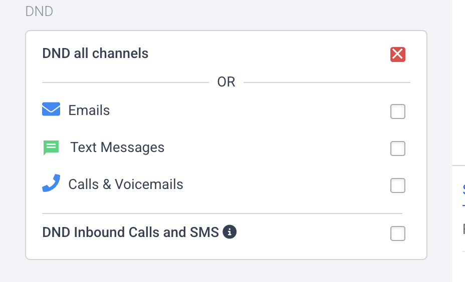 LC – Phone Messaging Policy – DND settings showing channel-specific controls for email, text messages, calls and voicemails, and inbound ca…