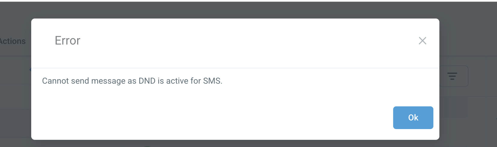 LC – Phone Messaging Policy – Error message indicating that an SMS cannot be sent because DND is active for SMS