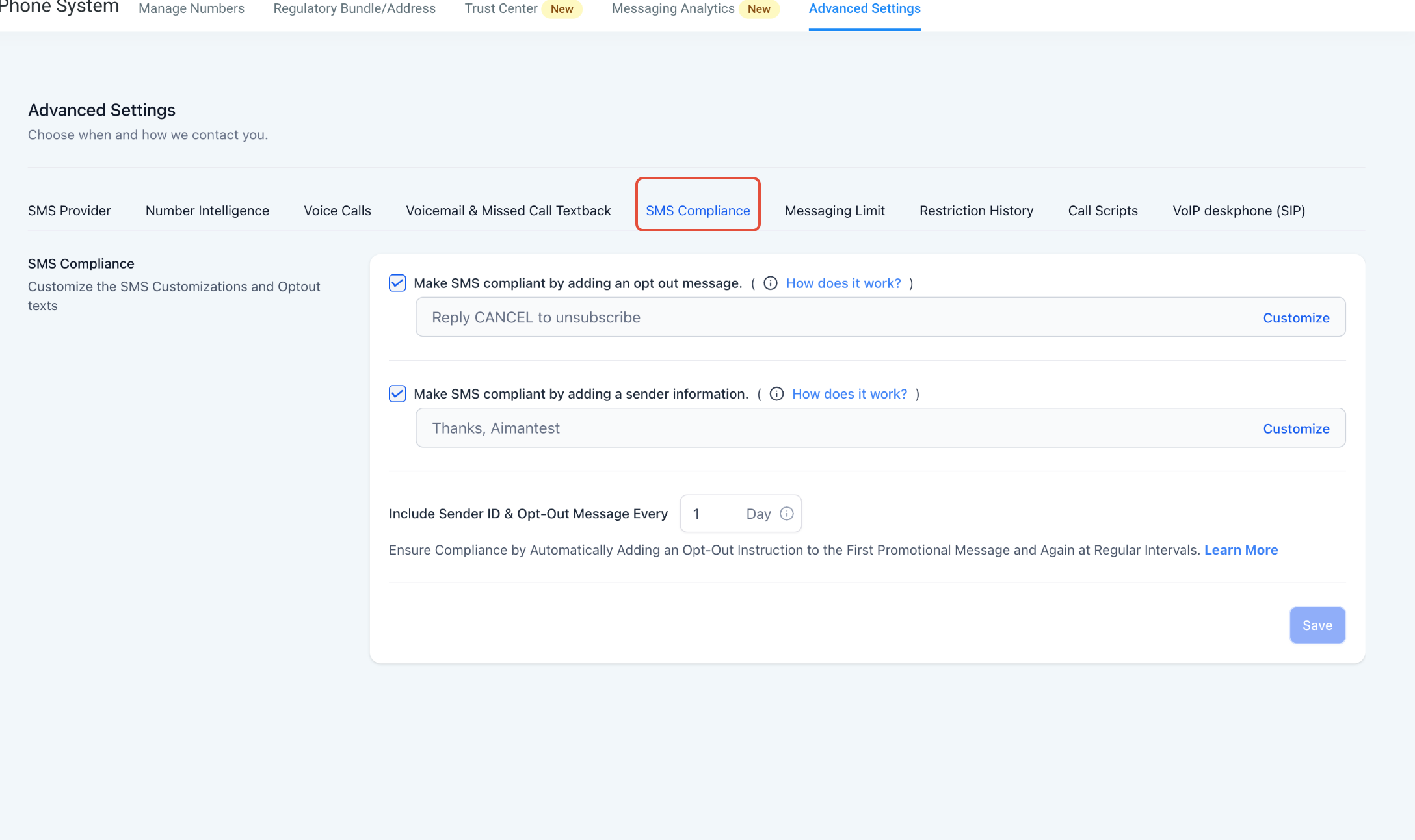 LC – Phone Messaging Policy – SMS Compliance settings showing opt-out messages, sender information, and recurring compliance text