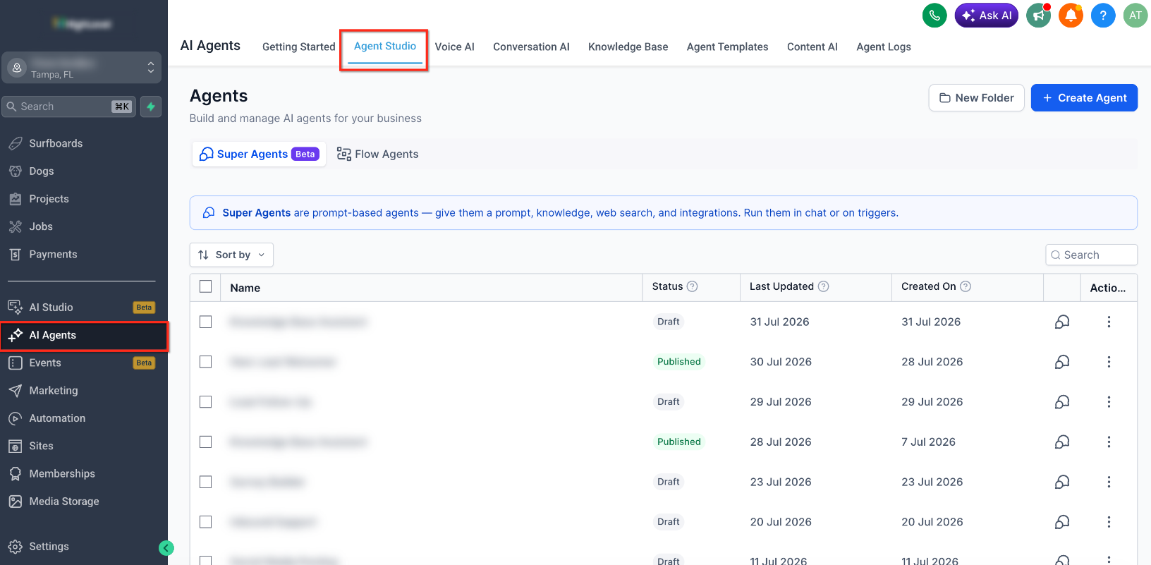 MCP App Connectors for Managed Agents – Step 1: Open Agent Studio