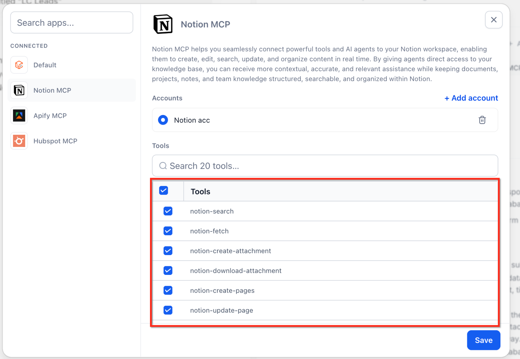 MCP App Connectors for Managed Agents – Step 5: Select Tools